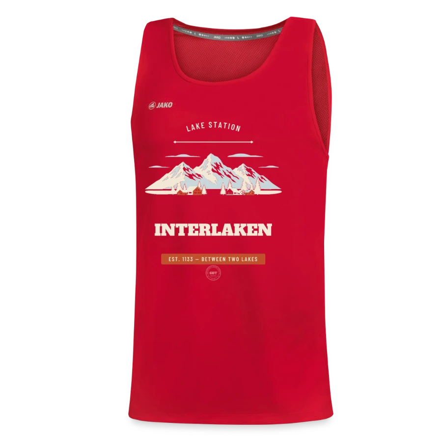 Interlaken badge on a jako teenager's tank top run 2.0, red