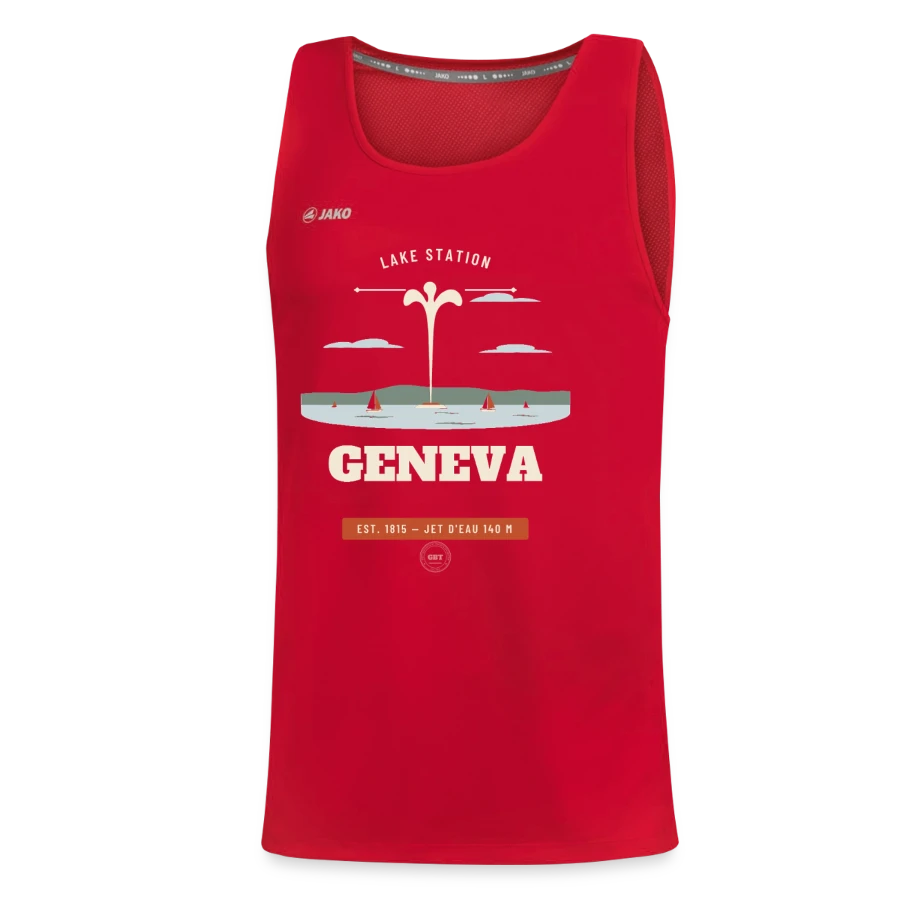 Geneva badge on a jako teenager's tank top run 2.0, red