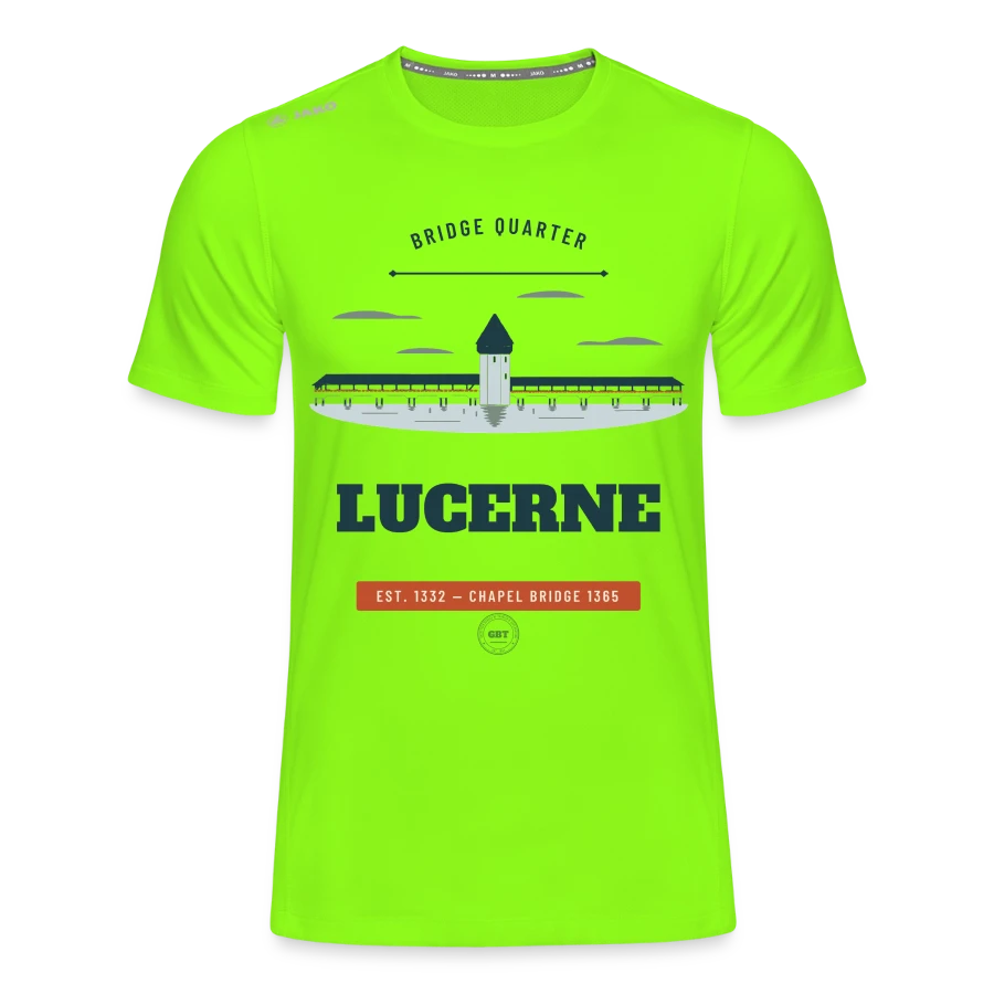 Lucerne badge on a jako kids' t-shirt run 2.0, neon green