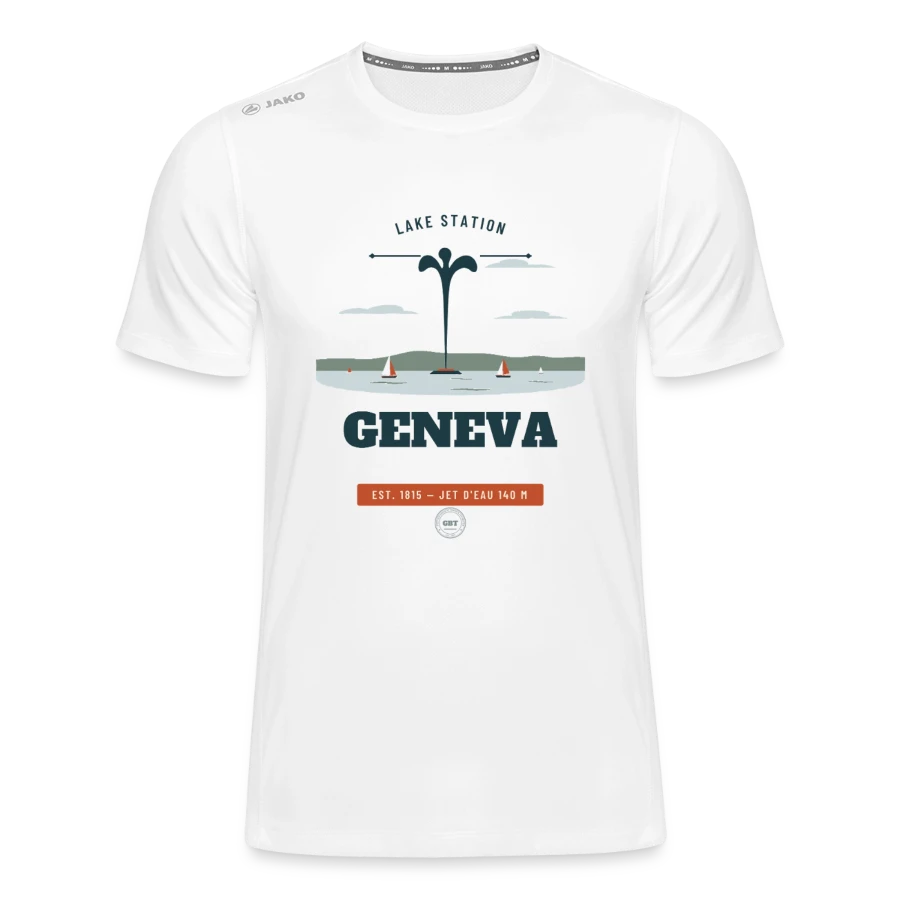 Geneva badge on a jako teenager's t-shirt run 2.0 , white