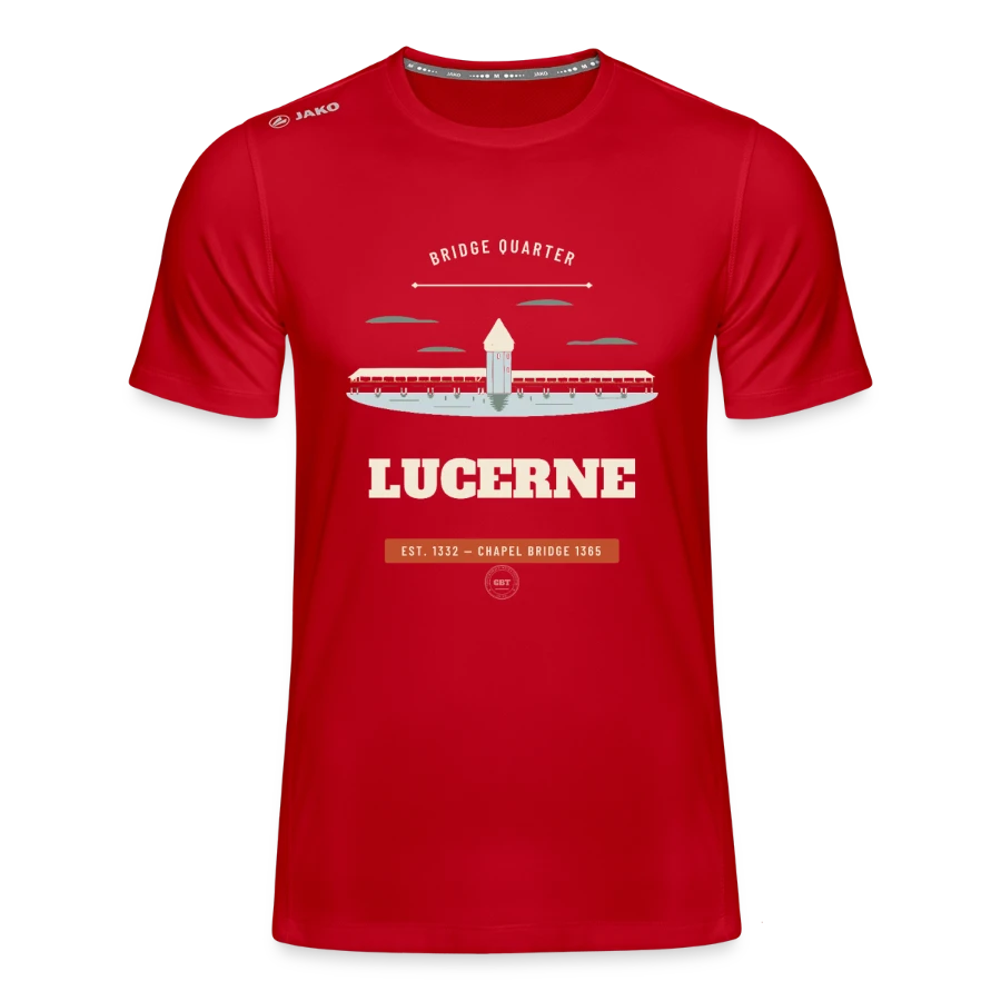 Lucerne badge on a jako teenager's t-shirt run 2.0 , red