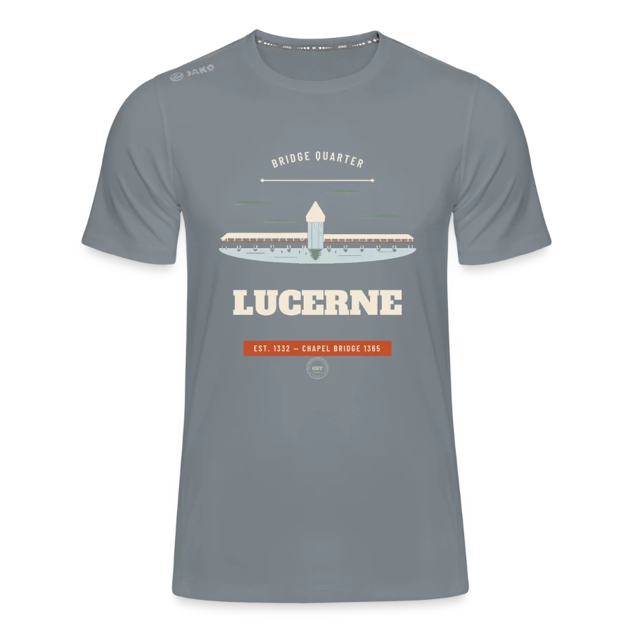 Lucerne badge on a jako teenager's t-shirt run 2.0 , grey