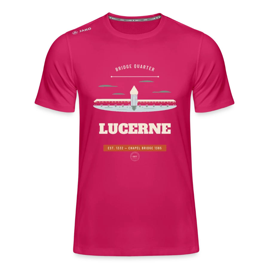 Lucerne badge on a jako teenager's t-shirt run 2.0 , dark pink