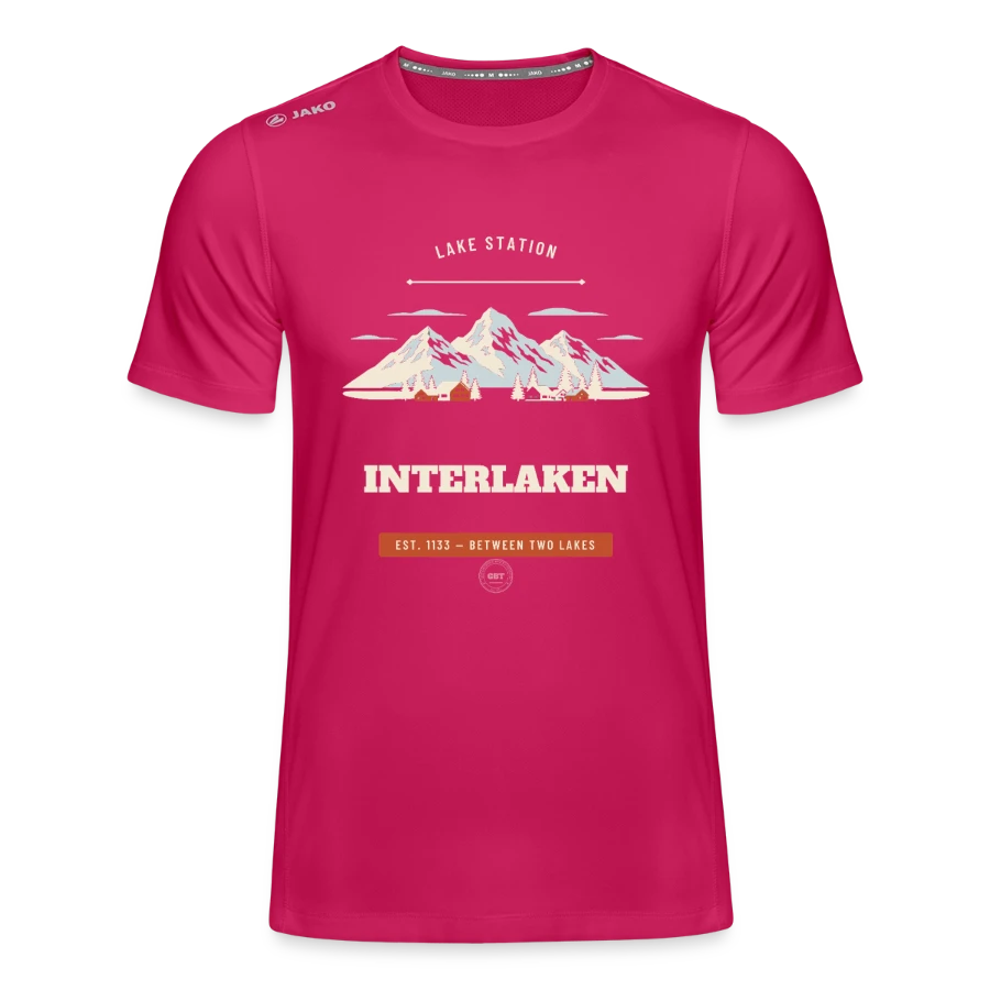 Interlaken badge on a jako teenager's t-shirt run 2.0 , dark pink