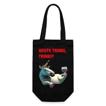 Betrunkenes Einhorn auf dem Rücken „HEUTE TRINKI?“ - Geschenkbeutel für Flaschen - Schwarz - Vorne