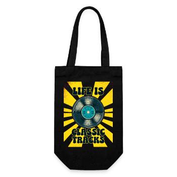 LIFE IS CLASSIC TRACKS Retro 70er Jahre Vinyl - Geschenkbeutel für Flaschen - Schwarz - Vorne