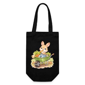 Süßer Hase mit Karotten in Schubkarre  - Geschenkbeutel für Flaschen - Schwarz - Vorne