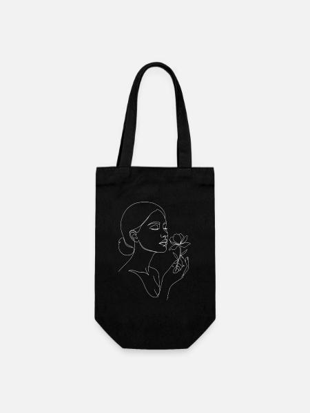 Linienbild Frau mit Rose I Unisex Line Art T-Shirt - Geschenkbeutel für Flaschen - Schwarz