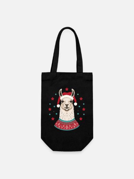 Weihnachtslama mit Mütze & Pullover - Geschenkbeutel für Flaschen - Schwarz