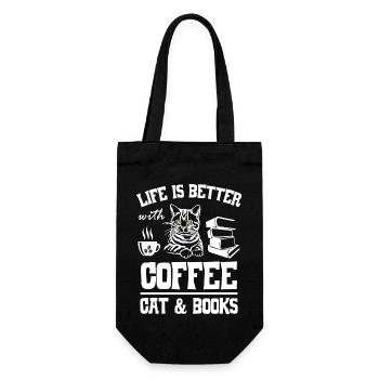 Life is Better with Coffee Cat and Books - Geschenkbeutel für Flaschen - Schwarz - Vorne