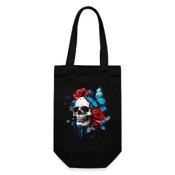 Totenkopf Totenschädel Schmetterling Rose Blume - Geschenkbeutel für Flaschen - Schwarz - Vorne