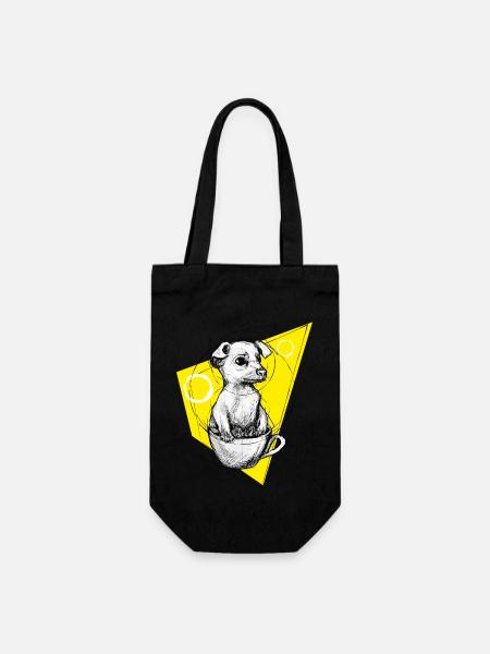 Tassenhund Hund in Tasse - Welpe Illustration gelb - Geschenkbeutel für Flaschen - Schwarz