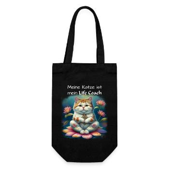 Meine Katze ist mein Life Coach, helle Schrift - Geschenkbeutel für Flaschen - Schwarz - Vorne