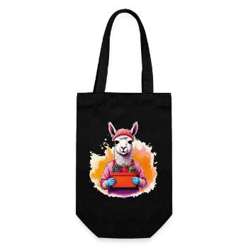 Lama mit Blumen und Beanie - Geschenkbeutel für Flaschen - Schwarz - Vorne