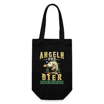 Angeln und Bier darum bin ich hier Angler Spruch - Geschenkbeutel für Flaschen - Schwarz - Vorne