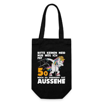 50. Geburtstag 50 Jahre Einhorn mit Rollator Stock - Geschenkbeutel für Flaschen - Schwarz - Vorne