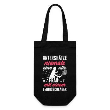 Tennis Damen Geschenk alte Frau mit Tennisschläger - Geschenkbeutel für Flaschen - Schwarz - Vorne