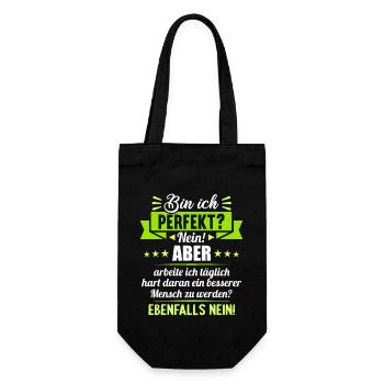Bin ich perfekt? Nein. Aber arbeite ich daran - Geschenkbeutel für Flaschen - Schwarz - Vorne