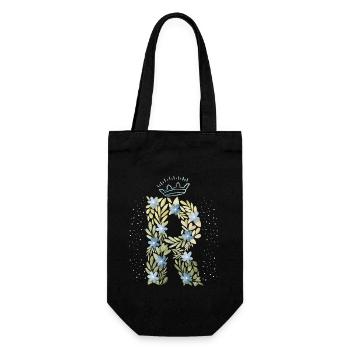 Monogramm Buchstabe R mit Krone, florales Ornament - Geschenkbeutel für Flaschen - Schwarz - Vorne