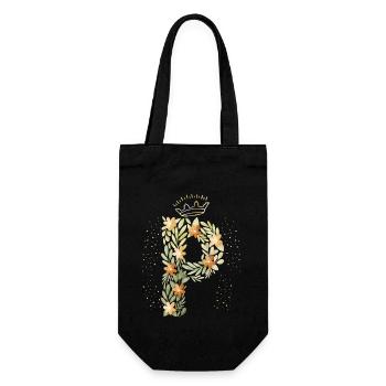 Monogramm Buchstabe P mit Krone, florales Ornament - Geschenkbeutel für Flaschen - Schwarz - Vorne
