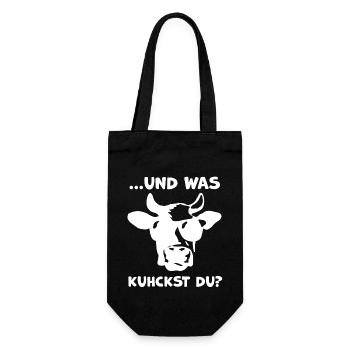 Was kuhckst du? Lustiger Kuh Spruch für Landwirte - Geschenkbeutel für Flaschen - Schwarz - Vorne