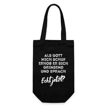 Als Gott mich schuf - Optimismus - Spruch - Geschenkbeutel für Flaschen - Schwarz - Vorne