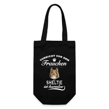 Vorsicht vor dem Frauchen - Sheltie ist harmlos - Geschenkbeutel für Flaschen - Schwarz - Vorne