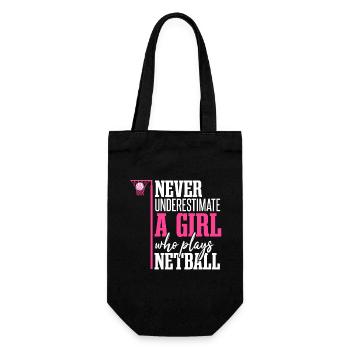 Unterschätze niemals ein Mädchen, das Netball spielt - Geschenkbeutel für Flaschen - Schwarz - Vorne