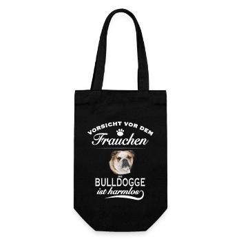 Vorsicht vor dem Frauchen - Bulldogge ist harmlos - Geschenkbeutel für Flaschen - Schwarz - Vorne