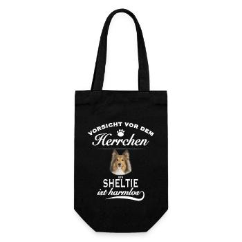 Vorsicht vor dem Herrchen, hund harmlos - Sheltie - Geschenkbeutel für Flaschen - Schwarz - Vorne