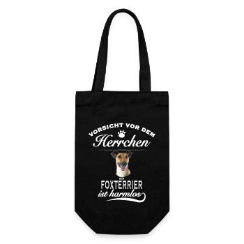 Vorsicht vor dem Herrchen, Hund harmlos Foxterrier - Geschenkbeutel für Flaschen - Schwarz - Vorne