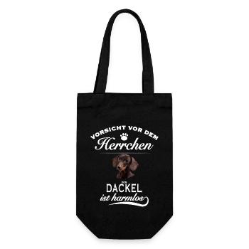 Vorsicht vor dem Herrchen, Hund harmlos - Dackel - Geschenkbeutel für Flaschen - Schwarz - Vorne