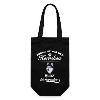 Vorsicht vor dem Herrchen, harmlos Husky - Geschenkbeutel für Flaschen - Schwarz - Vorne