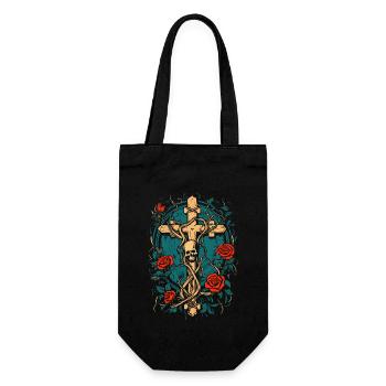 Kreuz und Schädel mit Rosen - Gothic Ästhetik - Geschenkbeutel für Flaschen - Schwarz - Vorne