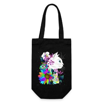 weiße Katze in bunten Fantasie Blumen - Geschenkbeutel für Flaschen - Schwarz - Vorne
