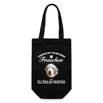 Vorsicht - Bissiges Frauchen Old English Sheepdog - Geschenkbeutel für Flaschen - Schwarz - Vorne