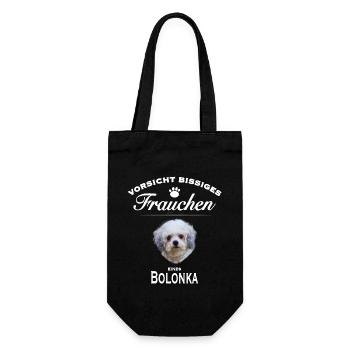 Vorsicht - Bissiges Frauchen - Bolonka Zwetna - Geschenkbeutel für Flaschen - Schwarz - Vorne