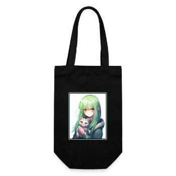 Kawaii Mädchen Anime Manga Mädchen Katze - Geschenkbeutel für Flaschen - Schwarz - Vorne
