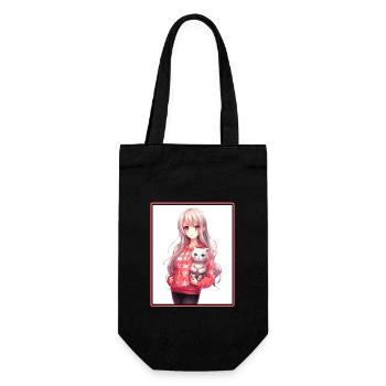 Kawaii Mädchen Anime Manga Mädchen Katze - Geschenkbeutel für Flaschen - Schwarz - Vorne
