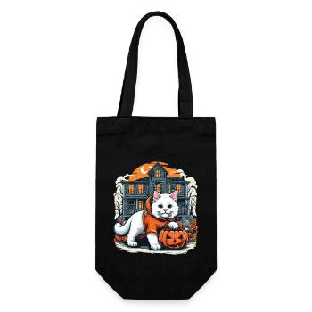 halloween white cat in hoodie with haunted house - Gift Bag for Bottles - black - Front
