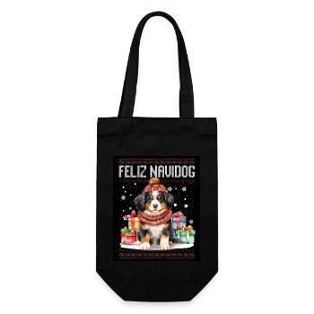 Berner Hund Feliz Navidog - Feliz Navidad Weihnachten - Geschenkbeutel für Flaschen - Schwarz - Vorne