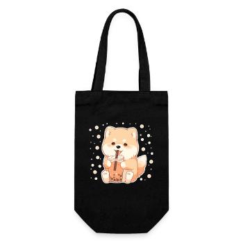 Kawaii Corgi Hund trinkt Boba Bubble Tea Chibi - Geschenkbeutel für Flaschen - Schwarz - Vorne