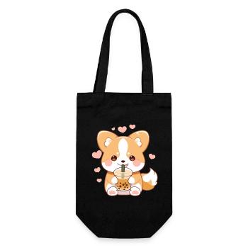 Kawaii Corgi Hund trinkt Boba Bubble Tea Chibi - Geschenkbeutel für Flaschen - Schwarz - Vorne