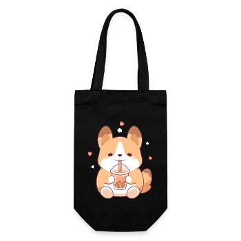Kawaii Corgi Hund trinkt Boba Bubble Tea Chibi - Geschenkbeutel für Flaschen - Schwarz - Vorne