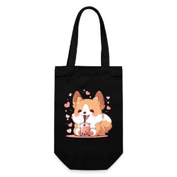 Kawaii Corgi Hund trinkt Boba Bubble Tea Chibi - Geschenkbeutel für Flaschen - Schwarz - Vorne