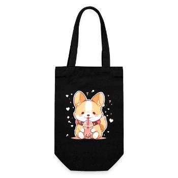 Kawaii Corgi Hund trinkt Boba Bubble Tea Chibi - Geschenkbeutel für Flaschen - Schwarz - Vorne