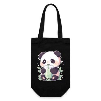 Kawaii Panda trinkt Boba Bubble Tea Chibi - Geschenkbeutel für Flaschen - Schwarz - Vorne