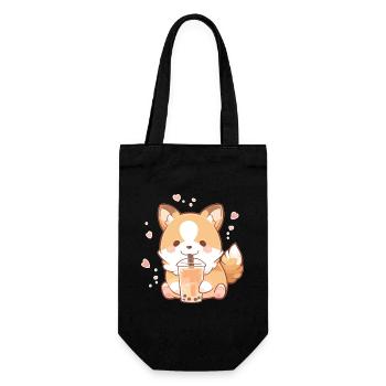 Kawaii Corgi Hund trinkt Boba Bubble Tea Chibi - Geschenkbeutel für Flaschen - Schwarz - Vorne