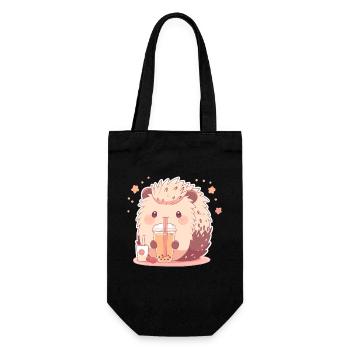 Kawaii Hedgehog Drinks Boba Bubble Tea Chibi - Gift Bag for Bottles - black - Front