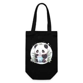 Kawaii Panda trinkt Boba Bubble Tea Chibi - Geschenkbeutel für Flaschen - Schwarz - Vorne
